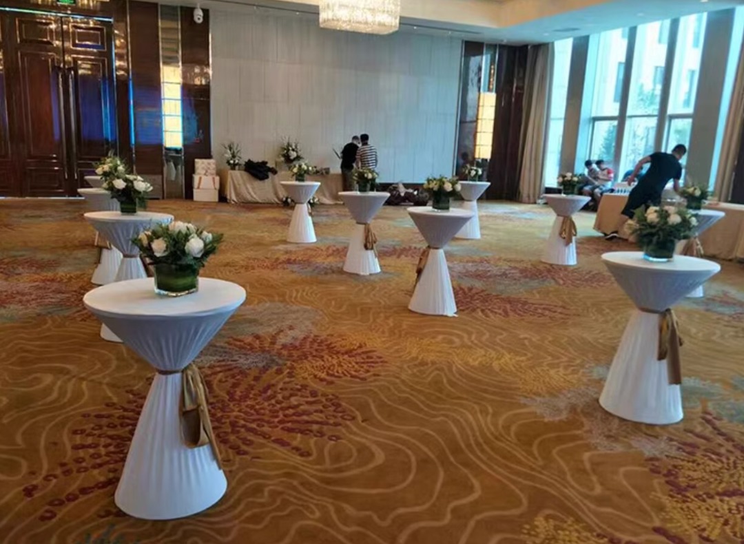 Ajman — Furniture rental: Cocktail Tables White Cover Gold Sash