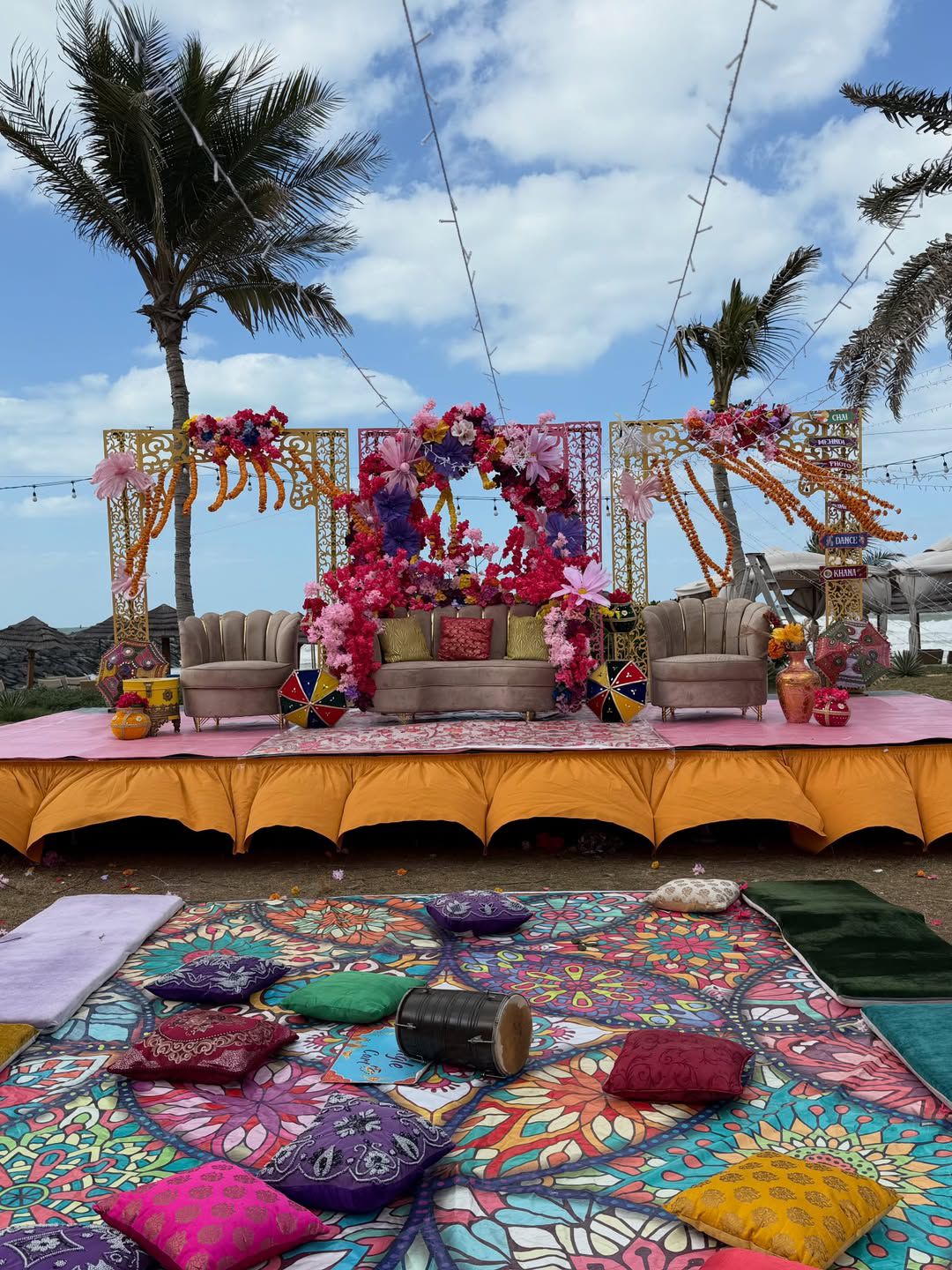 Abu Dhabi — Decorations services: Mehndi Stage Colorful Drapes Kites 4