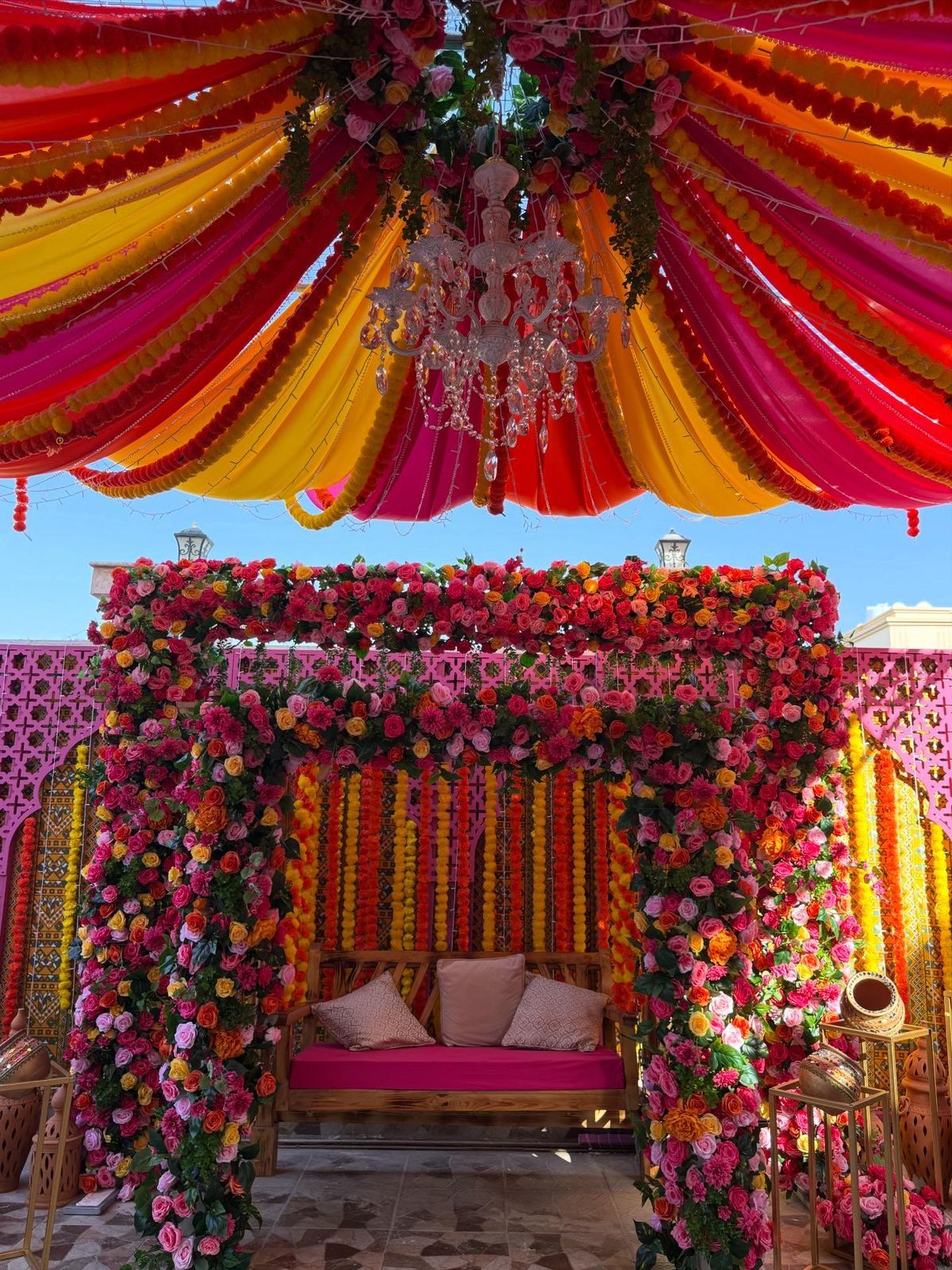 Ras Al Khaimah — Decorations services: Mehndi Swing Setup Pink Lattice 6