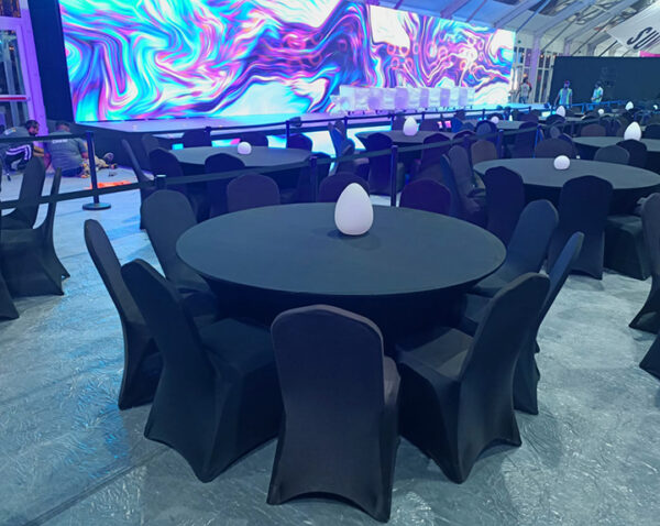Dubai — Furniture rental: Round Banquet Tables Black Stretch Covers