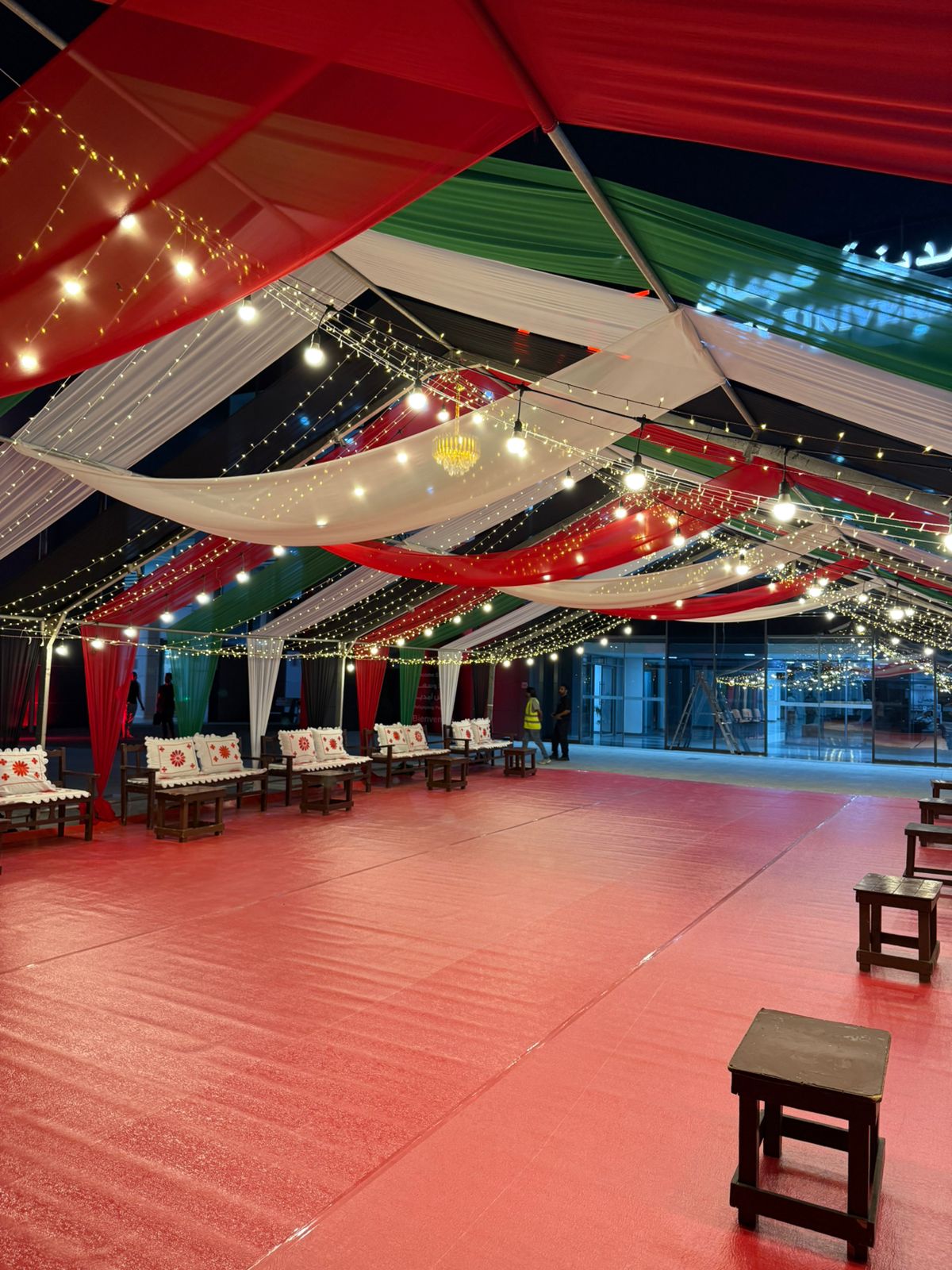 Abu Dhabi — Tents rental: Uae Flag Tent Draped Ceiling Night